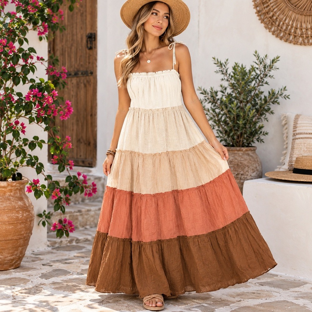 Blu Pepper Bohme Colorblock Tiered Maxi Dress Earth Tones Gauze Medium NWT